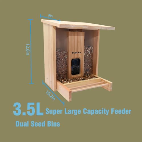Smart Wooden Bird Feeder with Camera-Solar Power,Bird AI Identifier,1080p HD,5200mAh Battery,3.5L Extra Large,Twin Seed Bins