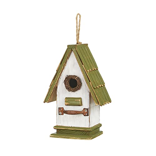 Glitzhome Bird Houses for Outside, Bluebird Houses for Outdoors, 10.75" H Green Roof Garden Wooden Birdhouse Hand Painted Hanging Distressed Bird House for Finch Cardinals Swallow Wren Chickadee - color: 10.75"H Green/White