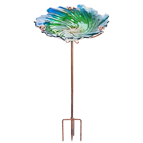 MUMTOP Bird Bath for Outside, Glass Birdbath Birdfeeder Green Garden Stake | 26 Inch Flower Bird Bath for Outdoors with Stable Four-Prong Ground Stake, Easy to Install and Clean, Perfect for Outdoor Use - color: Green