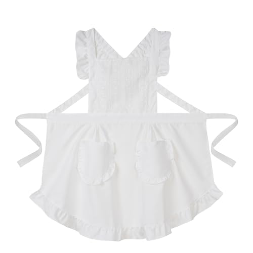 Cute Cotton Apron for Women, Adjustable Bib Cooking Kitchen Aprons with Pockets for BBQ Drawing Baking - color: White