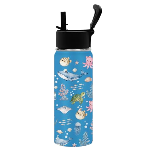 Whale 18 oz Water Bottle, with 2 Lids Handle, Insulated Sports Cup | 18oz Stainless Steel Travel Tumbler, Reusable Leak proof Anti Slip Boot Mug,Christmas Birthday Marine Gift for Son - color: Marine Life