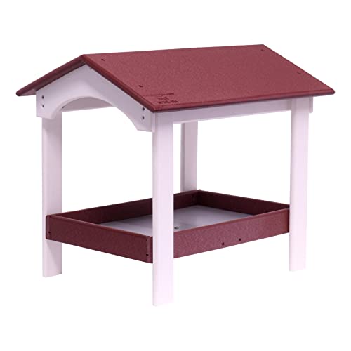 Ground Bird Feeder, Deluxe Fly-Through Covered Feeder for Birds and Squirrels with Screen Mesh Tray (Cherry Wood/White) - color: Cherry Wood/White