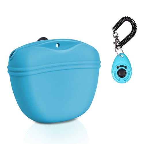 Left&Right Dog Clicker Training Kit,Silicone Dog Training Treat Pouch and Dog Clickers,Dog Treat Bag with Clicker Training for Dogs,Pet Treat Bag with Magnetic Buckle Closing and Waist Clip,Sky Blue - color: Sky Blue