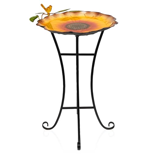 Alpine Corporation ORS882 Outdoor Metal Birdbath w/ Stylish Stand, Sunflower Birdbath Bowl and Stand Set, 29"H, Yellow/Green - color: Yellow/Green