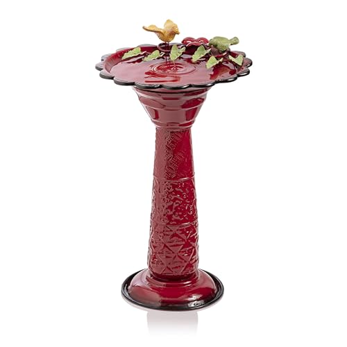 Alpine Corporation - 28" Tall Outdoor Metal Birdbath with Birds and Leaves Yard Statue Decoration, Red – Stunning Garden Accent to Attract Birds - Durable Construction for Patio, Deck, or Yard - color: Red