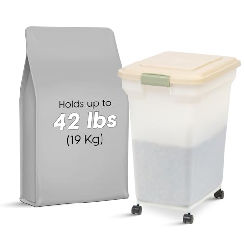 IRIS USA Dog Food Storage Container, Up to 40lbs, Almond/Pearl, Made in USA | Wheels for Mobility, Airtight Seal, BPA-Free, Best for Bird Seed, Cat food, Cat Litter, Chicken Feed, Pellets - color: Almond/Pearl, size: 40 lbs