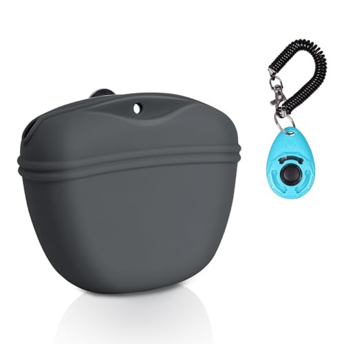 Left&Right Dog Clicker Training Kit,Silicone Dog Training Treat Pouch and Dog Clickers,Dog Treat Bag with Clicker Training for Dogs,Pet Treat Bag with Magnetic Buckle Closing and Waist Clip,Dark Grey - color: Dark Gray