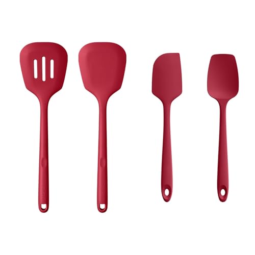 U-Taste 600℉ Heat Resistant Food Grade Silicone Cooking Egg Turner Set of 2, and 600ºF Heat Resistant 11.38in Flexible Non-Stick Spatula & Spoon Spatula Set of 2 (Red)