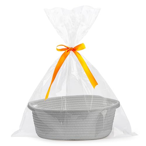 Pro Goleem Small Woven Basket with Gift Bags and Ribbons Durable Baskets for Gifts Empty Small Rope Basket for Storage 12"X 8" X 5" Baby Toy Basket with Handles, Gray - color: grey