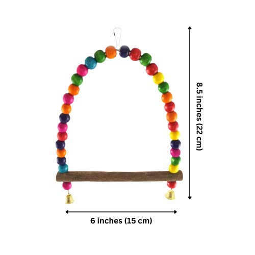 SunGrow Colorful Finch Swing Toy with Bells, Wooden Perch Stand for Canary, Lovebird & Budgie, 8.5x6 Inches, Sturdy Rocking Gym, Small Bird Cage Accessories to Balance, Exercise & Training