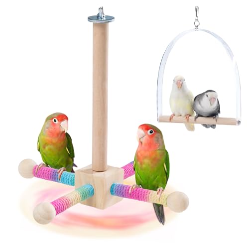 9" Hanging Bird Perch Toy for Cage, 360° Silent Free-Spin, Wooden Bird Cage Accessories, Relieve Boredom Anxiety, for Parrots, Parakeets, Cockatiels, Small to Medium Birds, with Poplar Swing