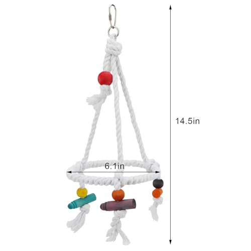 Hypeety Bird Swing Cotton Rope Round Hanging Hammock Perch Toy for Parakeet | Durable stainless steel ring with colorful beads, easy-hanging, stable ring struction, for budgies/conures/quakers, white