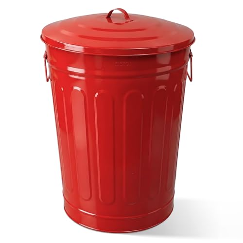 Plexon Metal Trash Can with Lid 13 Gallon, Decorative Outdoor Trash Can Heavy Duty Galvanized Metal Bucket with Lid for Garage Workshop Storage Farmhouse, Red - color: Red