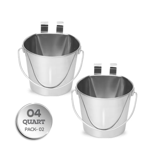 4 Quart Stainless Steel Flat Sided Bucket with Dual Hooks | 2 Pcs Durable Food & Water Bowl for Dogs Cats Goat & Livestock | Fits kennel Cage Critter Crate Hanging Pet Pail | Multipurpose - size: 4 Quart (Pack of 2)