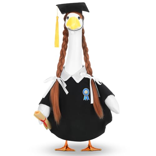 Abbylike Graduation Porch Goose Outfits Graduation Cap with Gold Tassel and Wig Yard Goose Costume Clothes Fits Large 23'' Cement for Garden Yard Statue Lawn Pathway Decorations - style: Graduation