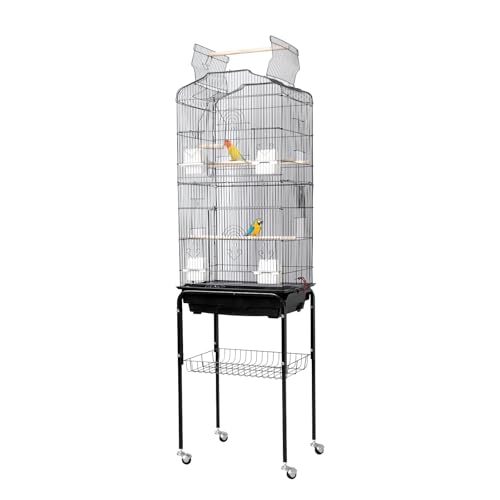 64'' Large Metal Bird Flight Cage with Open Top, Detachable Rolling Stand & Storage Shelf for Parrots, Conures, Lovebirds, Cockatiels, Parakeets, Black