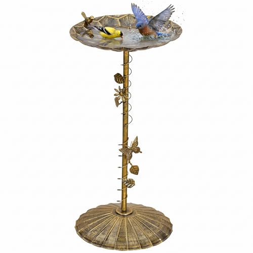 VECELO Antique Gold Metal Bird Bath for Outside, 28.7" Freestanding Pedestal Birdbath with Vintage Butterfly & Bird Decor, 15.4" Bowl Diameter, Easy Assembly Heavy-Duty Iron Garden Decoration