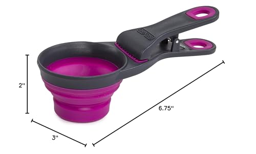 Dexas Popware for Pets Collapsible Klip Scoop, 3-in-1 Pet Food Scoop, Measuring Cup and Bag Clip, 1/2 Cup Capacity, Fuchsia - color: Fuchsia, size: 1/2 Cup Capacity