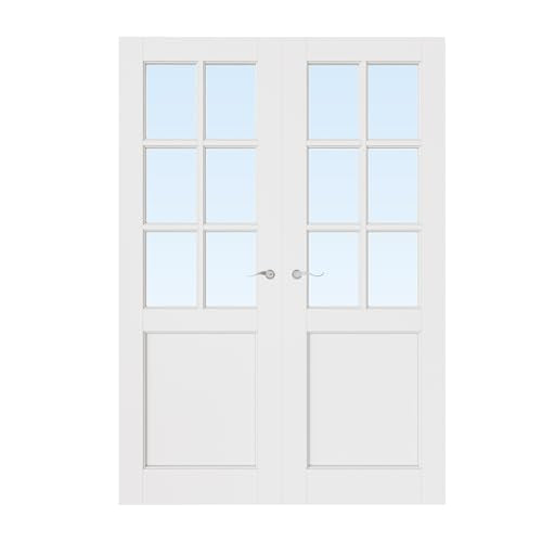 48x80 Interior French Door,6-Lite Clear Glass Doors,Living Room Doors | Satin Nickel Hardware-Privacy Door Lever w/ Lock, Latch&Hinges, Solid Core,Tempered Glass,No PreDrill,Jamb Assembly Required - color: 6 Lite, Silver Hinges, size: 48x80 for 50x82 open