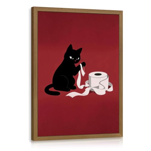 GELDSTEI Wood Framed Vintage Black Cat Funny Bathroom Wall Art 12x16 in | Playful Toilet Paper Black Cat Wall Decor, Humorous Bathroom Art Print, Unique Gift for Cat Lovers and Pet Owners - color: Cat, size: 16"L x 12"W