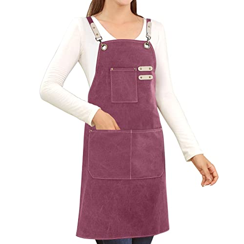 Hongsome Cotton Canvas Cross Back Apron for Art Painting Garden Chef Bartender Work,Women Men 3 Pockets Waterproof M-XXL - color: Purple