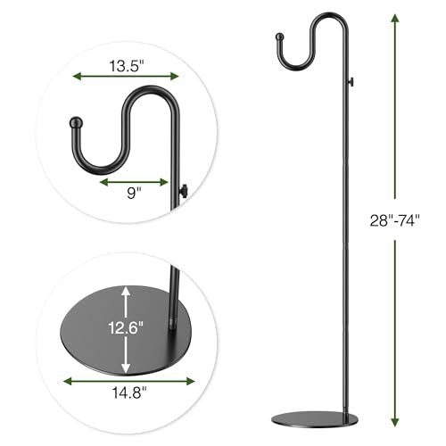 74" Shepherds Hook Stand: Hanging Wind Chimes, Bird Feeders, Plants | Adjustable, Heavy Duty Base, Free Standing Pole Holder for Indoor & Outdoor, Holds Up to 20 LBS - color: Black