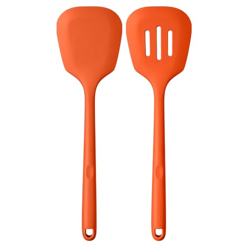 U-Taste Silicone Turner Spatula Set of 2, 13.6" Long/3.7" Wide, Orange | 600ºF Heat Resistant Food Grade Silicone Cooking Utensils Set, Wide Large Solid & Slotted Turner Pancake Egg Flipper - color: Orange