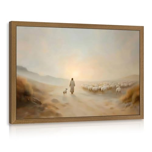 RLKHG Wood Framed Jesus Leaving the 99 Wall Art, Lost Sheep Christian Wall Decor, Inspirational Faith Poster Print, Biblical Good Shepherd Artwork for Prayer Church Bedroom Wood Framed 12x16 Inch - color: JesusLamb, size: 16"L x 12"W