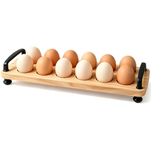 Wooden Egg Holder for Countertop, 12 Eggs Farmhouse Storage Tray | Natural solid pine wood, waterproof coating, rustic countertop egg storage display, black iron handles with ball feet