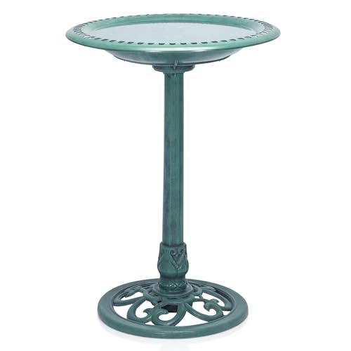 Alpine Corporation TEC116 Outdoor Aged Green Pedestal Birdbath with Scrollwork, 28" Tall, Green - color: Aged Green