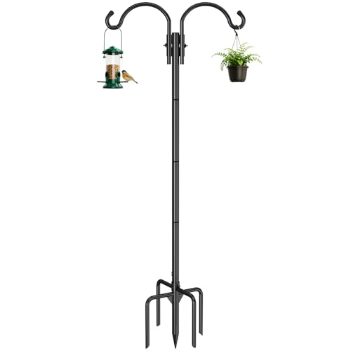 GOFORWILD 1 Pack 76inch Adjustable Double Shepherds Hook for Outdoor | Metal Bird Feeder Pole with 5-Prong Base for Hanging Bird Nest, Plant Basket,Lantern,Solar Light - size: 76 Inch