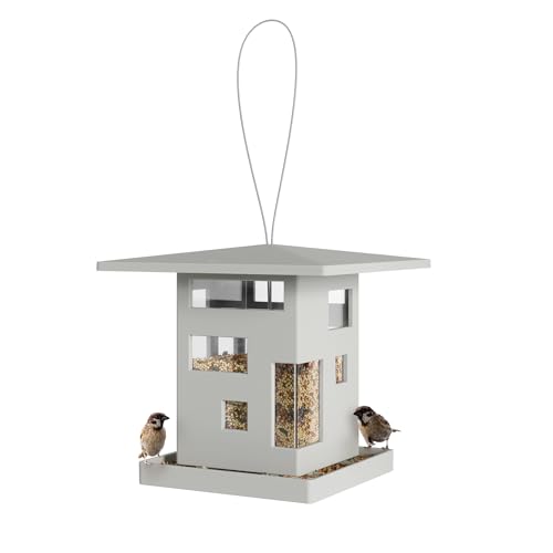 Umbra Bird Cafe Bird Feeder, Outdoor Hanging Seed Dispenser, Grey | Wrap-around tray, steel cable, easy refill, weather resistant, plastic