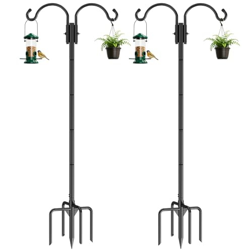 GOFORWILD 2 Pack Adjustable 84inch Double Shepherds Hook for Outdoor | Metal Bird Feeder Pole with 5-Prong Base for Hanging Bird Nest, Plant Basket,Lantern,Solar Light - size: 84 Inch