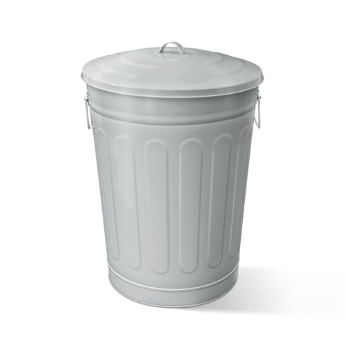 Plexon 13 Gallon Metal Trash Can with Lid Outdoor Vintage Trash Can Steel Retro Garbage Can for Kitchen Farmhouse Rustic Bird Seed Storage Pet Food Cute Bucket, Gray - color: Gray
