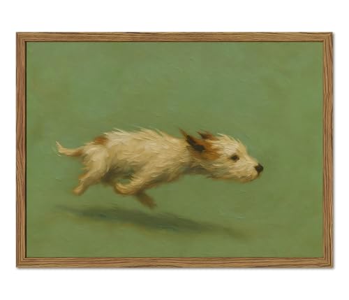 Funny Dog with Zoomies Wall Art Cute Terrier Dog Running Wall Decor Picture Vintage Animal Poster Canvas Painting Print Cute Pet Artwork for Living Room Bedroom 16x24 inch Wood Framed - color: Animal -Q, size: 24"L x 16"W