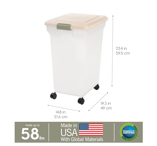 IRIS USA Dog Food Storage Container, Up to 58lbs, Almond/Pearl, Made in USA | Wheels for Mobility, Airtight Seal, BPA-Free, Best for Bird Seed, Cat food, Cat Litter, Chicken Feed, Pellets - color: Almond/Pearl, size: 58 lbs