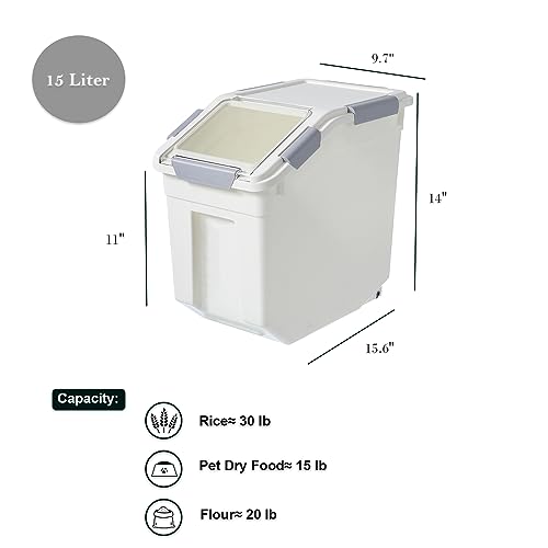 15 Liter / 30 lbs Rice Storage Container with Measuring Cup, BPA free, For Rice | Grain | Pet Food | Flour, 2 count, White