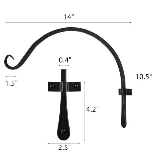 Worth Garden 6-Pack 14" Plant Hanger Bracket - Hand-Forged Wrought Iron Powder-Coated Heavy Duty Wall Hooks - Black Curved Plant Hanging Hooks for Bird Feeders, Flower Baskets, Indoor & Outdoor Use - size: 14" Length