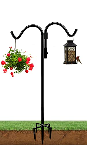 76 Inch Double Shepherds Hook for Outdoor with 5 Prong Base | Adjustable Heavy Duty Bird Feeder Pole for Hanging Flower Basket, Plant Hanger, Solar Light Lanterns, Black - size: 76in-1pcs