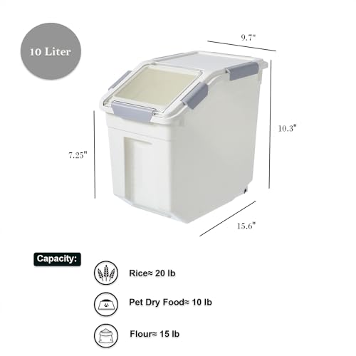 10 Liter / 20 lbs Rice Storage Container with Measuring Cup, BPA free, For Rice | Grain | Pet Food | Flour, 2 count, White