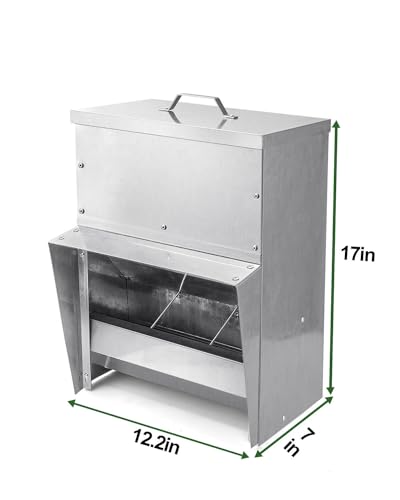 Galvanized Chicken Feeder - 25Lbs Outdoor Waterproof Metal Feeder with Lid, Coop Food Dispenser No Waste for Chicken, Haning or Stand