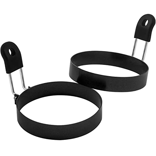COTEY 3.5" Egg Rings Set of 2 with Silicone Handle, Large Ring for Frying Eggs, Round Mold for English Muffins - Griddle Cooking Shaper for Breakfast | Stainless Steel Fried Egg Cooker Ring Molds for English Muffin. Heat-resistant Silicone Handles Ideal f