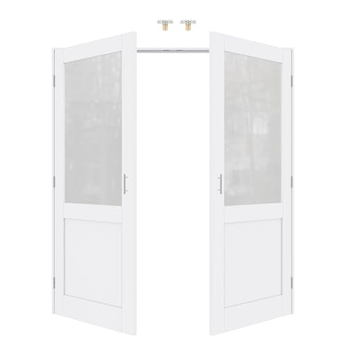 64x80 Interior French Door,Half Frosted Glass Doors,DIY Prehung Room Door | Prefinished & Paintable Double Doors with Ball Catches & Hinges & Handles, Tempered Frosted Glass, Interior Swing Closet Door - color: Half Frosted Glass, size: 64" x 80"