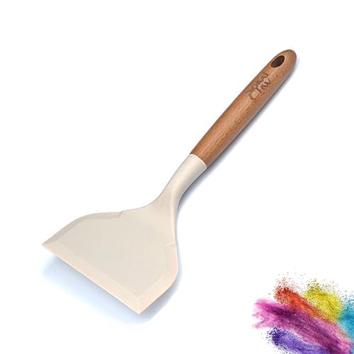 Wide silicone spatula tamagoyaki shovel,Omelette pan turner | for pancakes, eggs, fish, steak and pizza, nonstick cookware, wooden handle (White) - color: White
