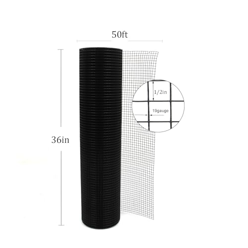 1/2 in Hardware Cloth, 36 in x 50 ft Chicken Wire Fence, Chicken Wire Mesh Roll for Rabbit Cages, Chicken Coop Fences and Poultry Enclosures(19 Gauge, Black) - color: Black, size: 1/2in 36in x 50ft