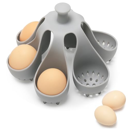 Silicone Egg Boiler Rack for Hard Soft Boiled Eggs, Food Grade Silicone Egg Boiler Cooker with 6 Holders, Kitchen Gadget for Cooking/Serving Eggs with Handle, Dishwasher Safe
