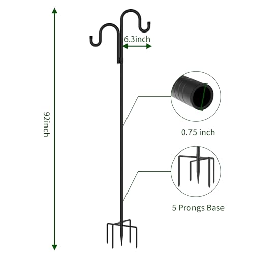 Double Shepherds Hooks for Outdoor 2 Pack 92 Inch | Stable yard hanging pole, perfect for hummingbird feeders, wind chimes, lanterns & outdoor decorative ornaments - size: 92 Inch
