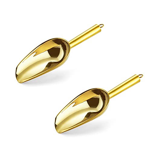 6 Ounce Ice Scoop Set of 2, E-far Gold Stainless Steel Small Scoops for Ice Cube/Candy/Flour/Sugar, Metal Utility Scoops for Canisters, Baking, Kitchen Pantry, Rust Free & Dishwasher Safe - color: Gold