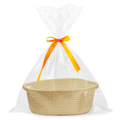 Pro Goleem Small Woven Basket with Gift Bags and Ribbons Durable Baskets for Gifts Empty Small Rope Basket for Storage 12"X 8" X 5" Baby Toy Basket with Handles, Khaki - color: khaki