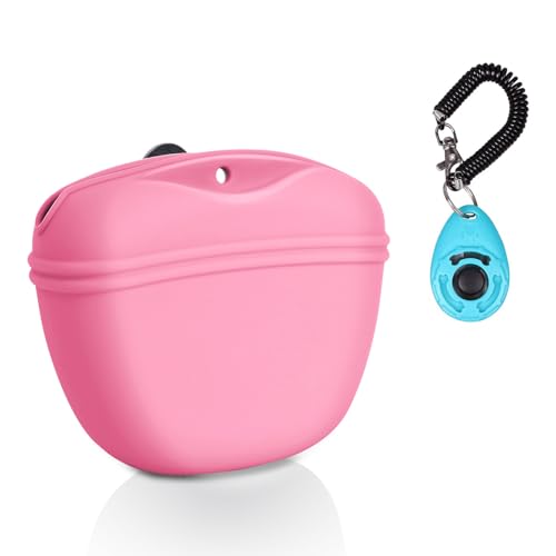 Left&Right Dog Clicker Training Kit,Silicone Dog Training Treat Pouch and Dog Clickers,Dog Treat Bag with Clicker Training for Dogs,Pet Treat Bag with Magnetic Buckle Closing and Waist Clip,Pink - color: Pink